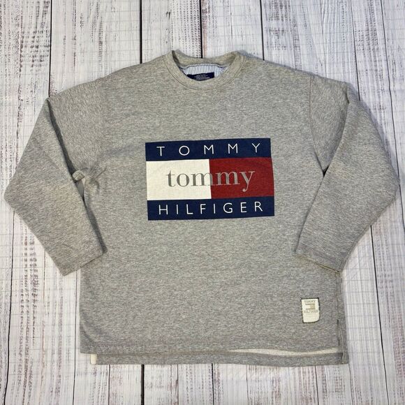 Vintage 90s Tommy Hilfiger Big Flag Sweatshirt Gray Men’s M Made in USA - Picture 1 of 10
